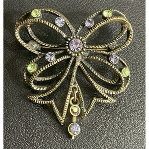 Vintage Rhinestone Bow Brooch Pin Lavender Green Brass Tone Pin Dangle Jewelry